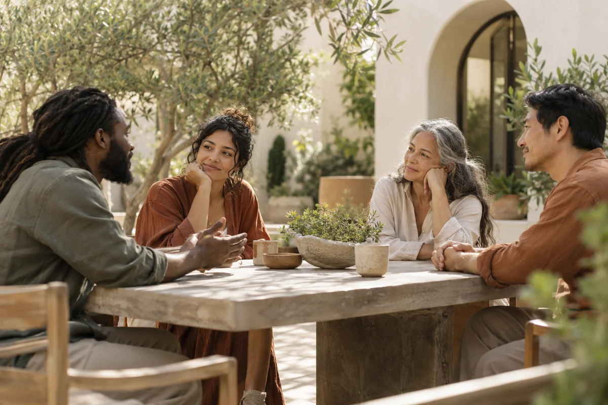 Four adults sharing a conversation around a garden table.