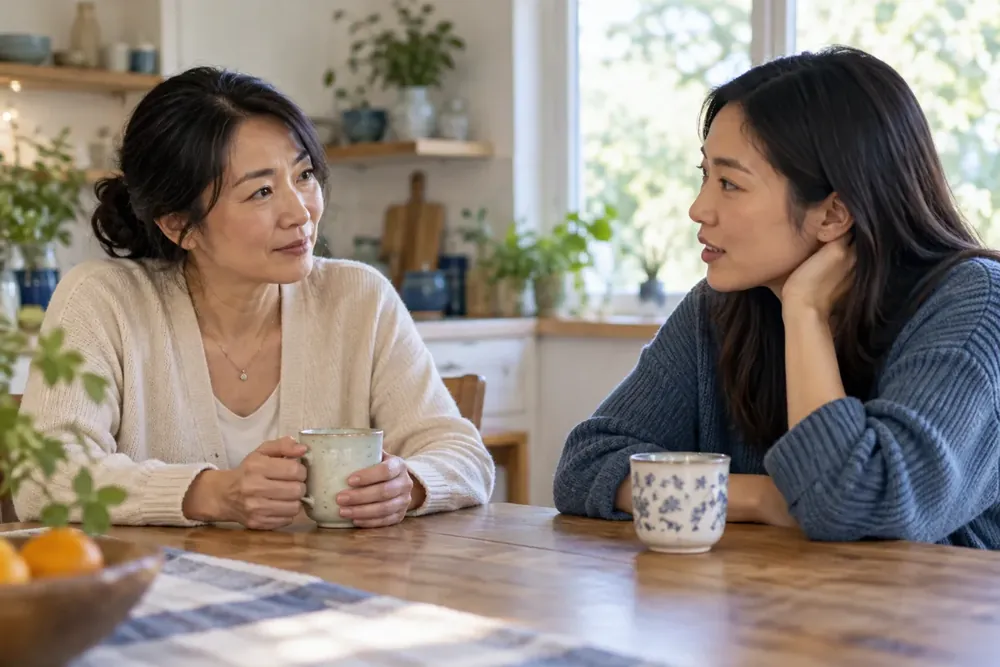 Mother and adult daughter talking at a kitchen table.