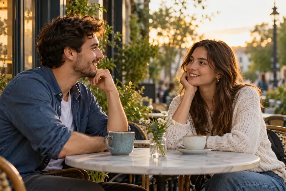 Two adults talking on a neighborhood café terrace.