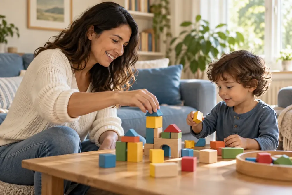 A caregiver and child building with wooden blocks.