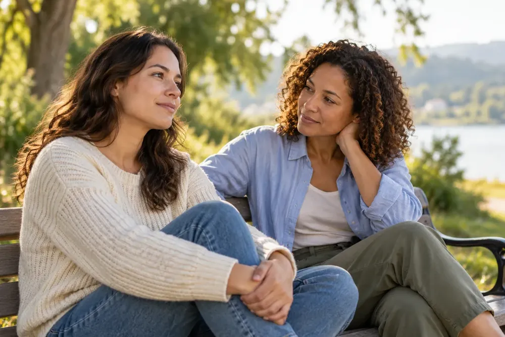 Two friends having a calm conversation in a park.