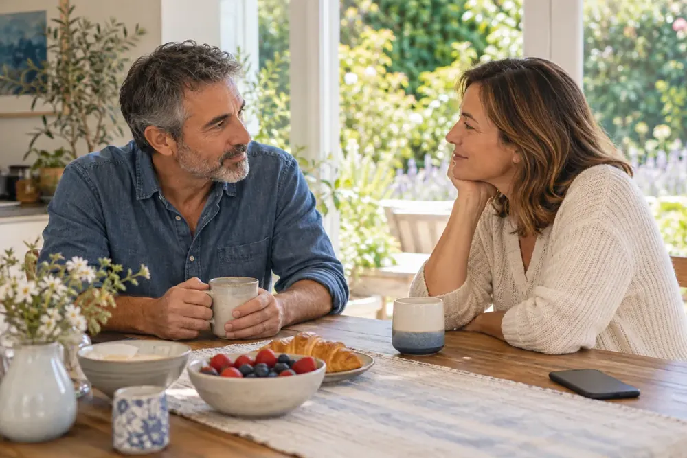 A couple talking at a breakfast table.
