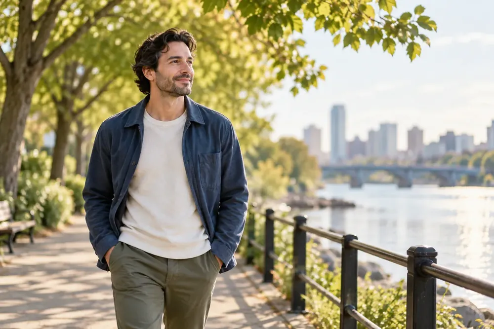 A man walking along a tree-lined riverside path.