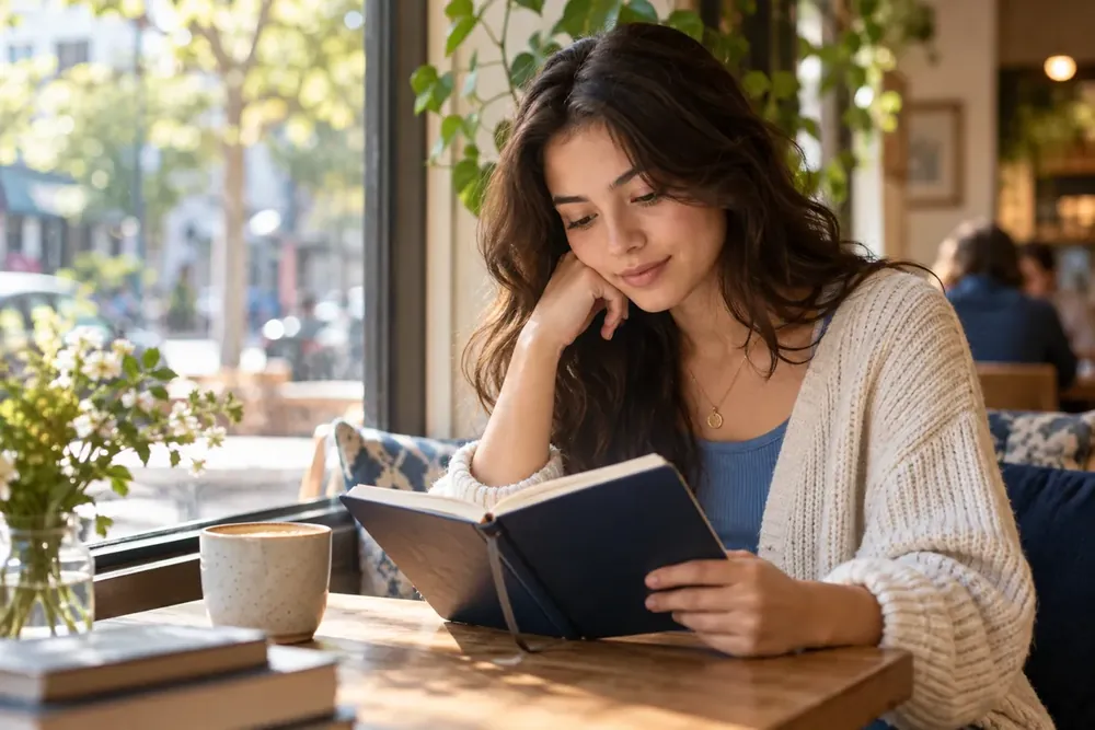 A student reflecting with a notebook in a café.