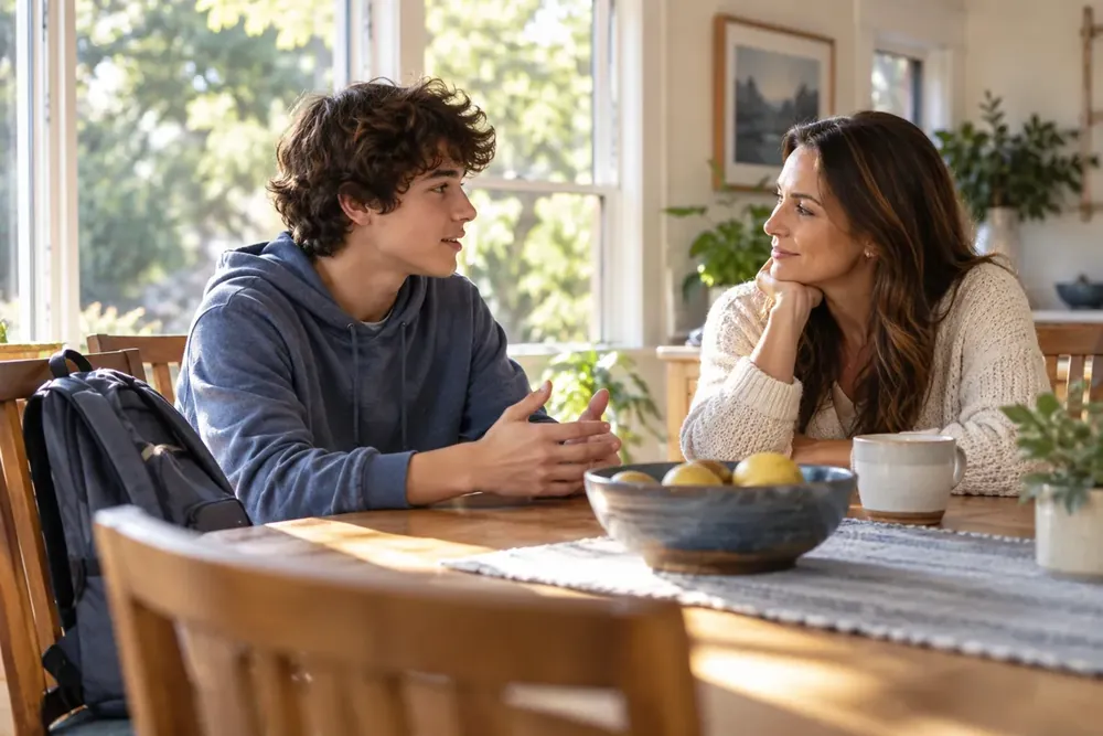 A teenager and adult talking in a bright home.
