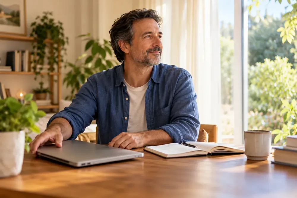 A man pausing beside a closed laptop and notebook.