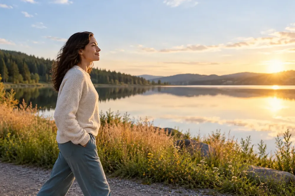 An adult walking beside a lake in evening light.