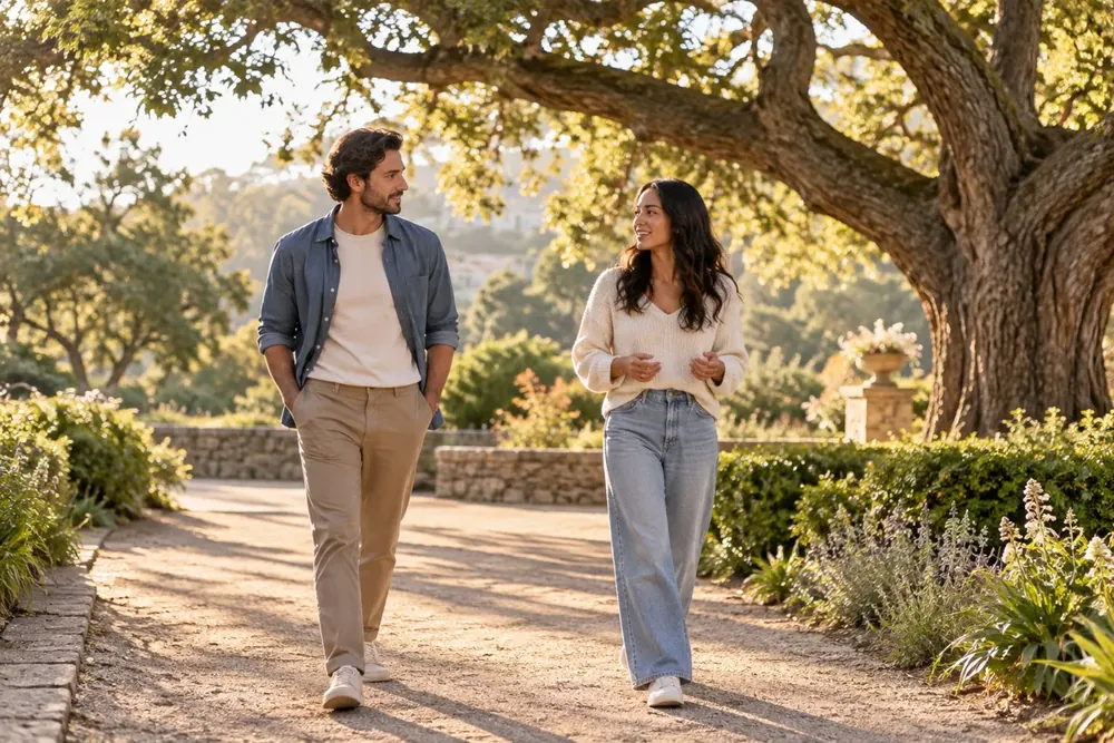 A couple walking together along a garden path.