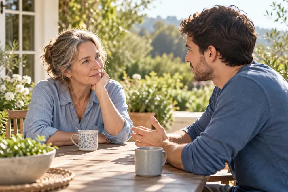A parent and son talking on a home patio.
