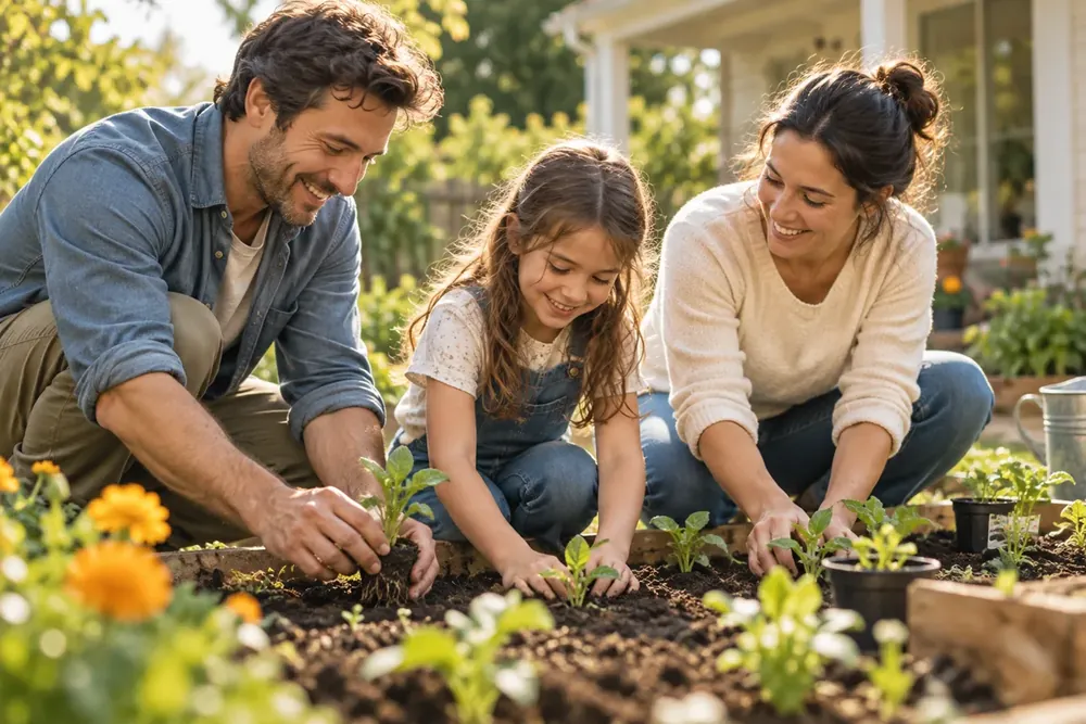 A family planting seedlings in a sunny garden.