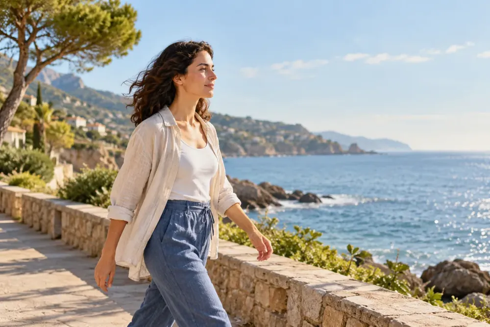 A woman walking along a coastal promenade.