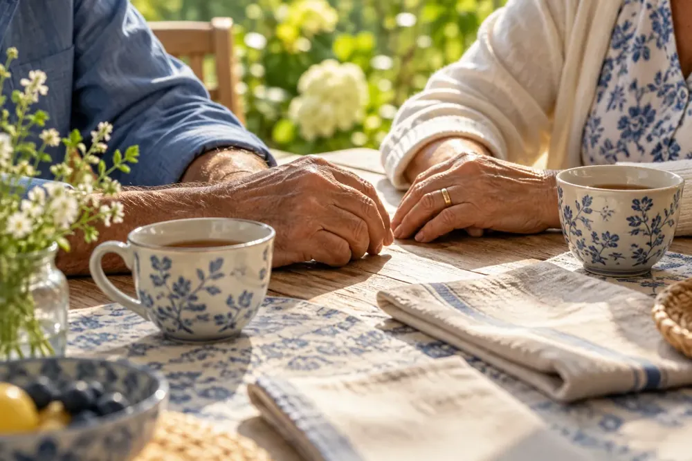 Two adults’ hands beside cups of tea on a breakfast table.