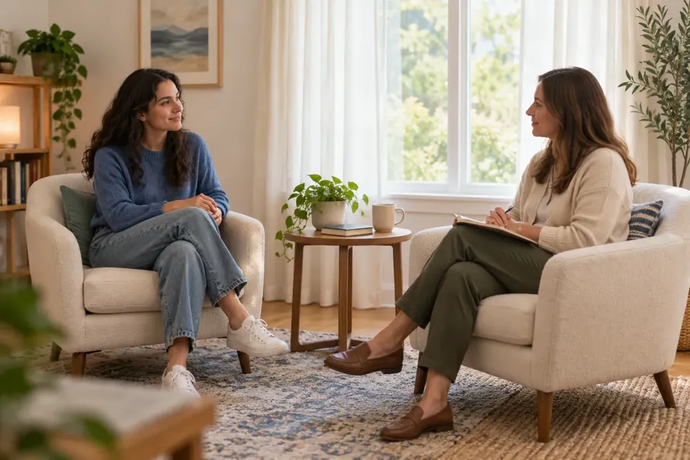 Two adults seated apart in a bright counseling room.
