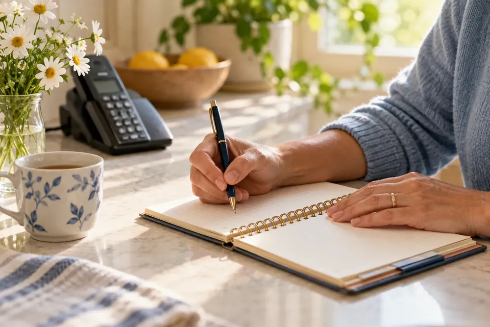 Hands preparing a notebook beside a phone and flowers.