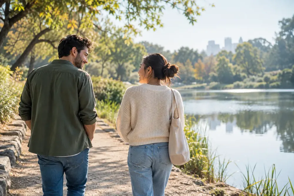 Two adults walking together beside a pond.