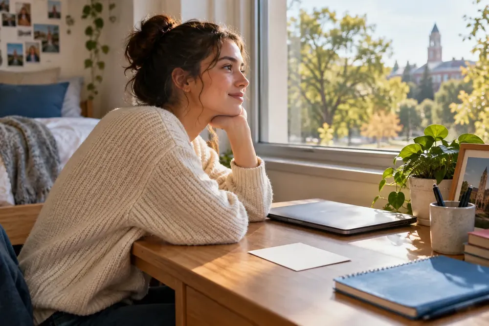 A student reflecting at a desk beside a sunlit window.