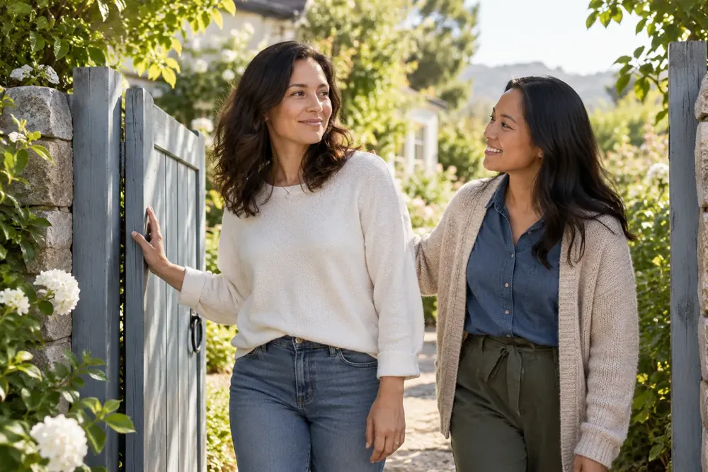 Two women standing beside an open garden gate.