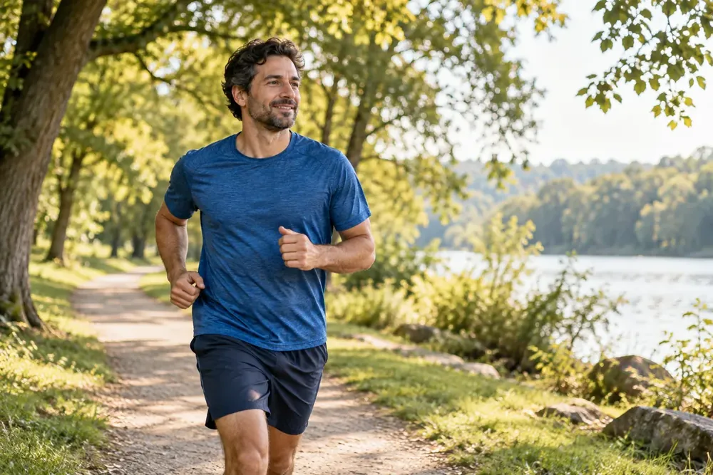 A man jogging along a leafy park trail.