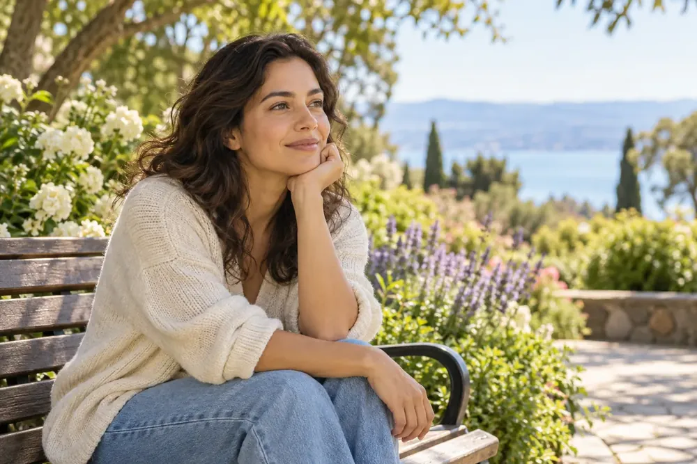 A woman sitting on a bench in a flowering garden.