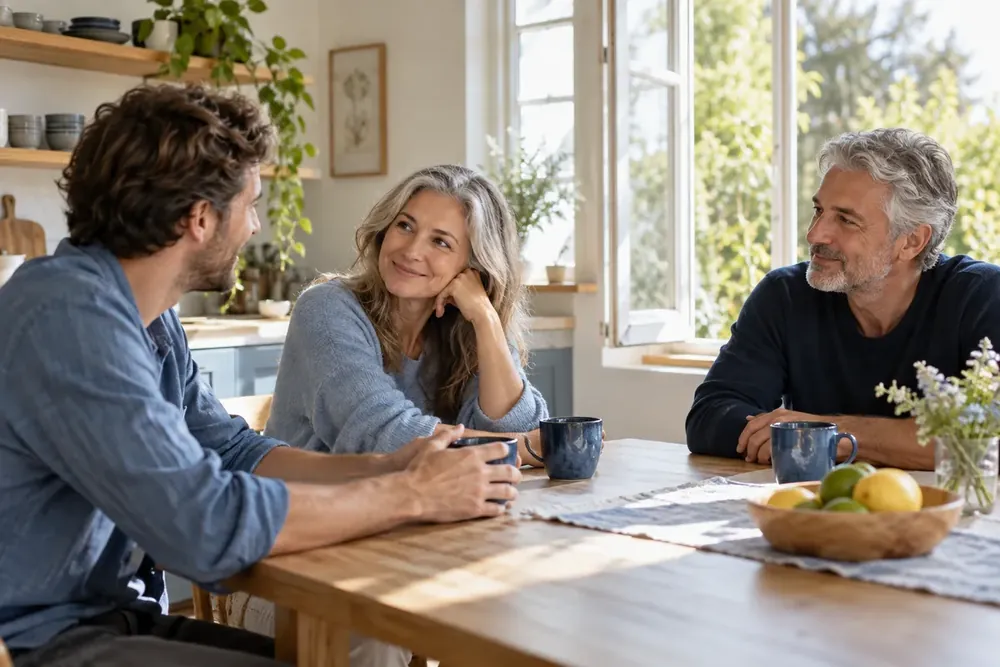 Three adults talking together at a sunlit kitchen table