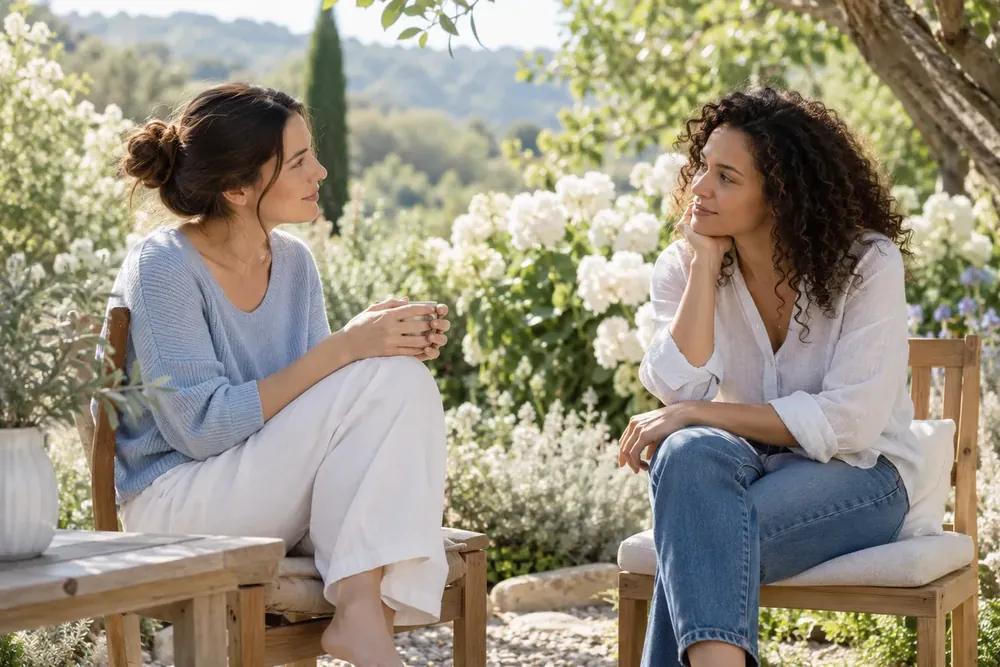 Two friends sharing a quiet conversation in a sunny garden