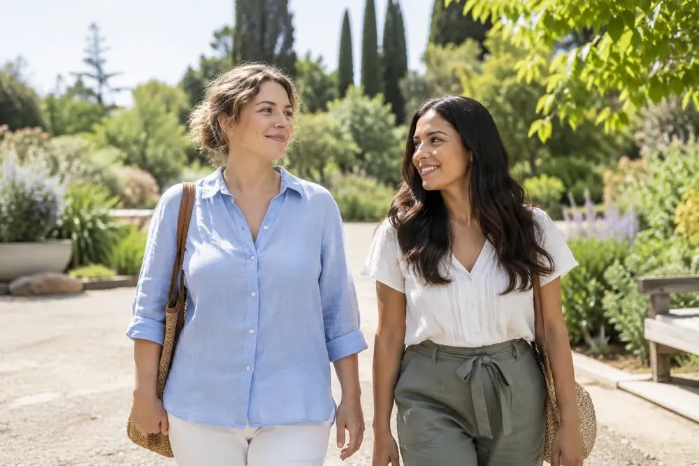 Two women walking together through a peaceful botanical garden