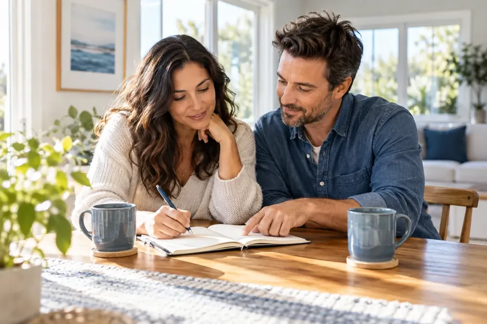 A couple reviewing a notebook together at their dining table