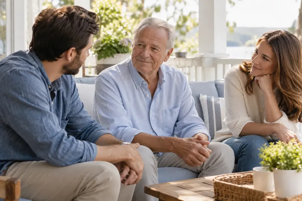 Adult relatives sharing a conversation on a sunlit porch