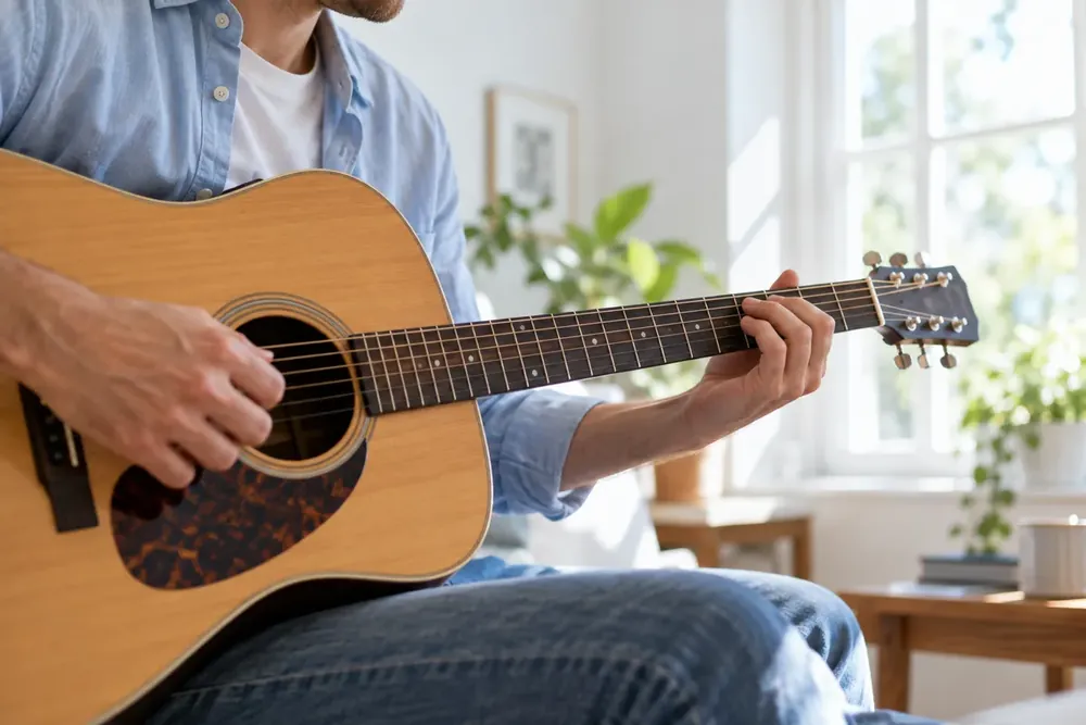Hands playing an acoustic guitar beside a sunny window