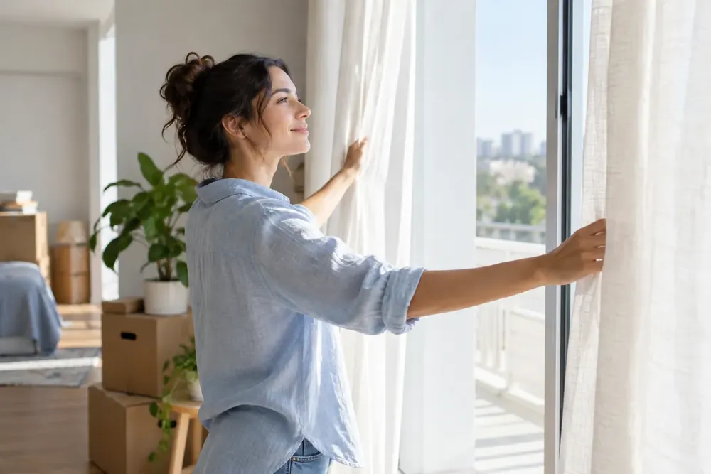A woman opening the curtains in a bright apartment