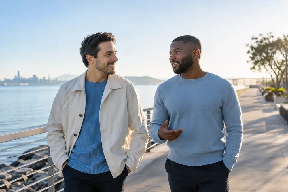 Two adults walking together along a quiet waterfront