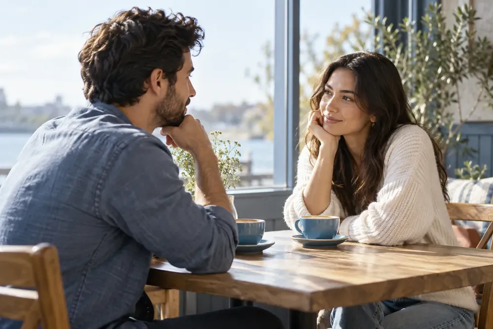A couple talking across a table in a sunlit café