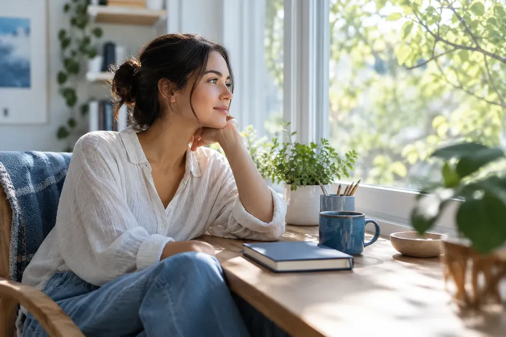 An adult pausing beside a window at a quiet desk