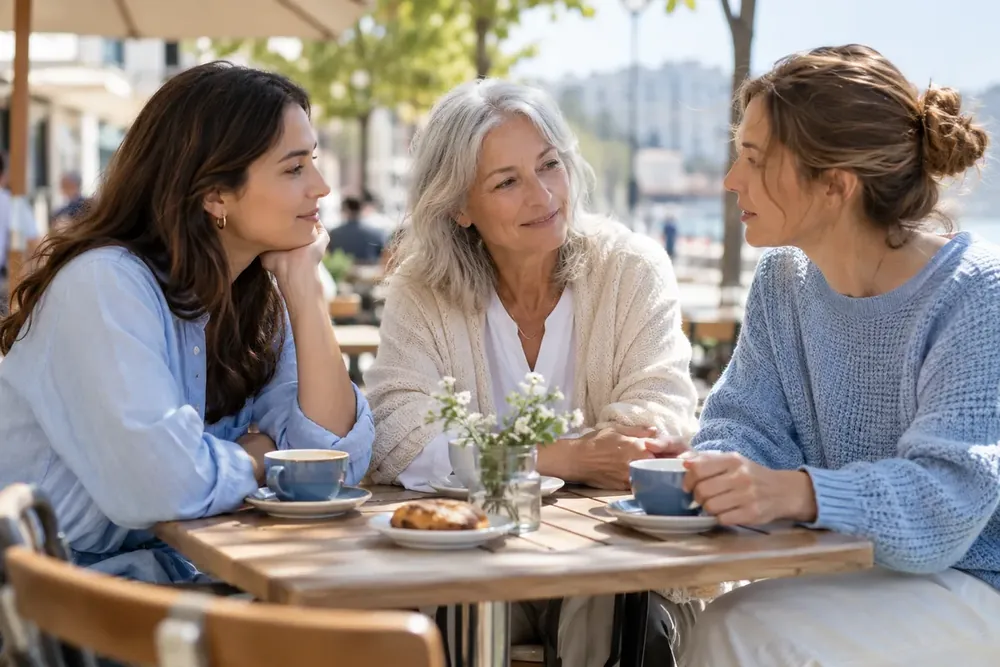 Three women having a quiet conversation at an outdoor café