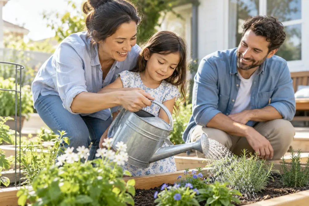 A parent and child watering a garden together