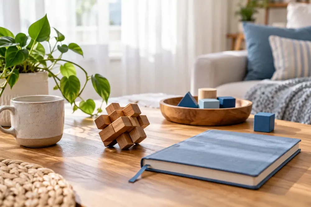 A wooden puzzle and building blocks on a sunlit table
