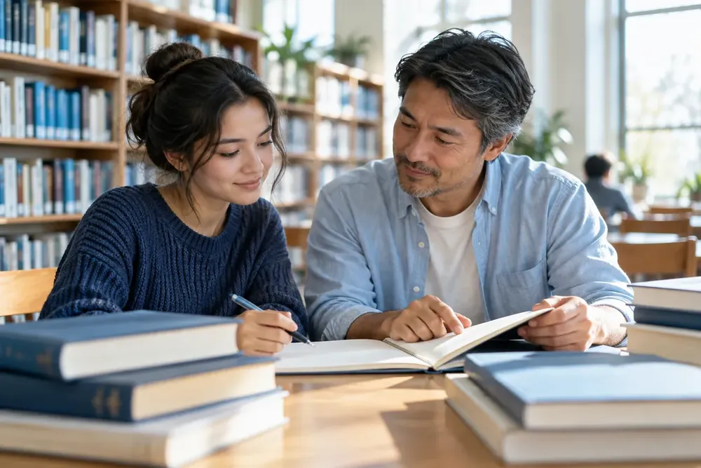 A young adult and parent reviewing a notebook at a library table