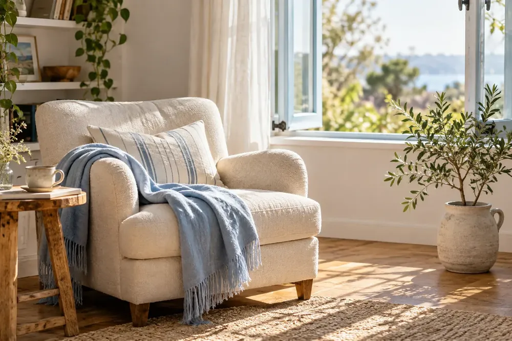 An armchair and potted tree beside a sunlit window