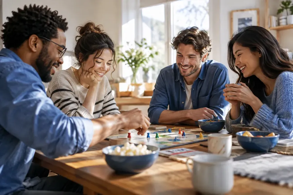 Friends gathered around a board game in natural light