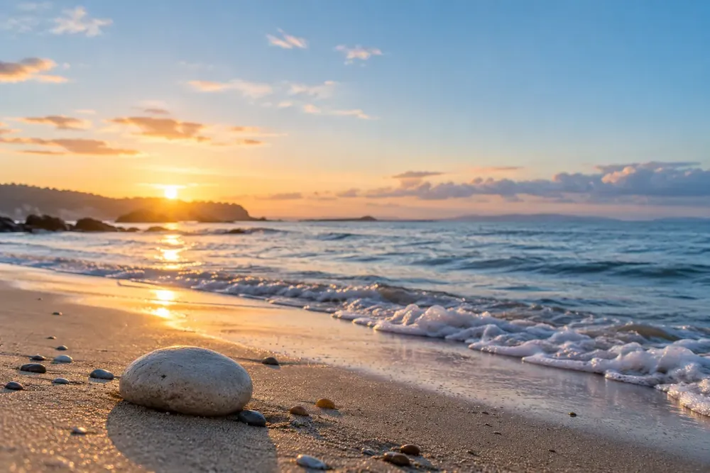 Gentle waves reaching a quiet shoreline at dawn