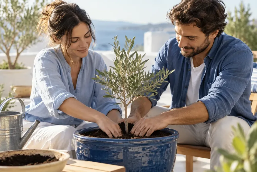 Two adults tending a young plant together