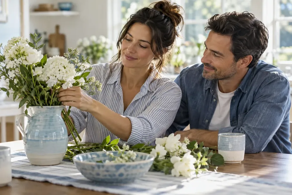 A couple arranging white flowers together at a sunlit table.