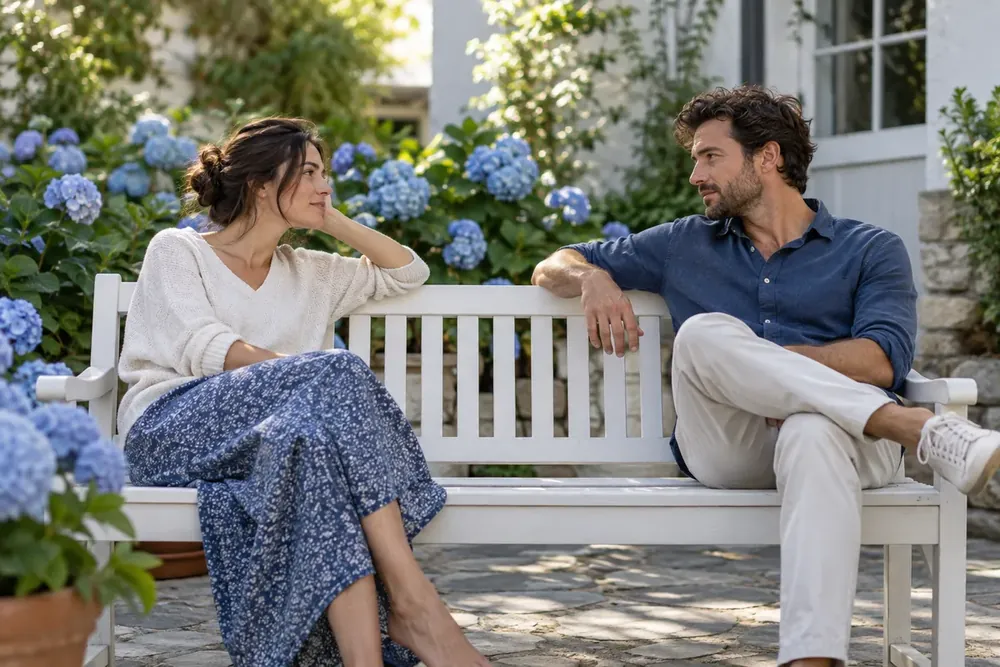 Two adults having a quiet conversation on a garden bench.