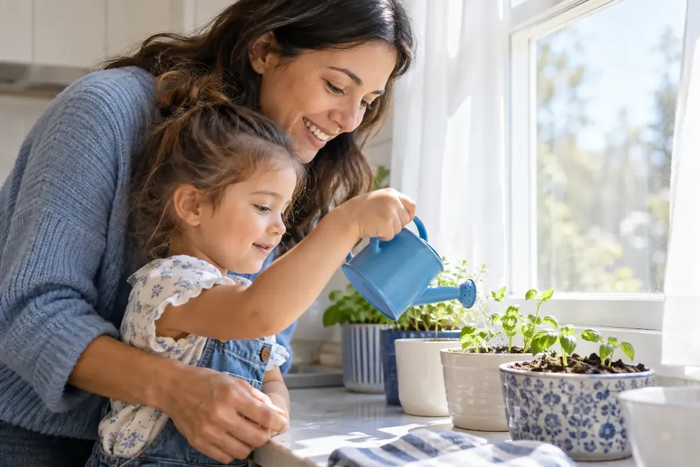 A parent and young child watering seedlings by a window.