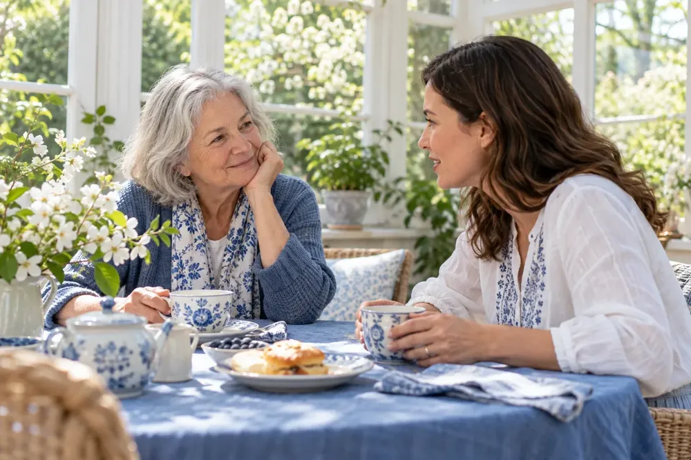 An older adult and younger adult sharing tea in a bright room.