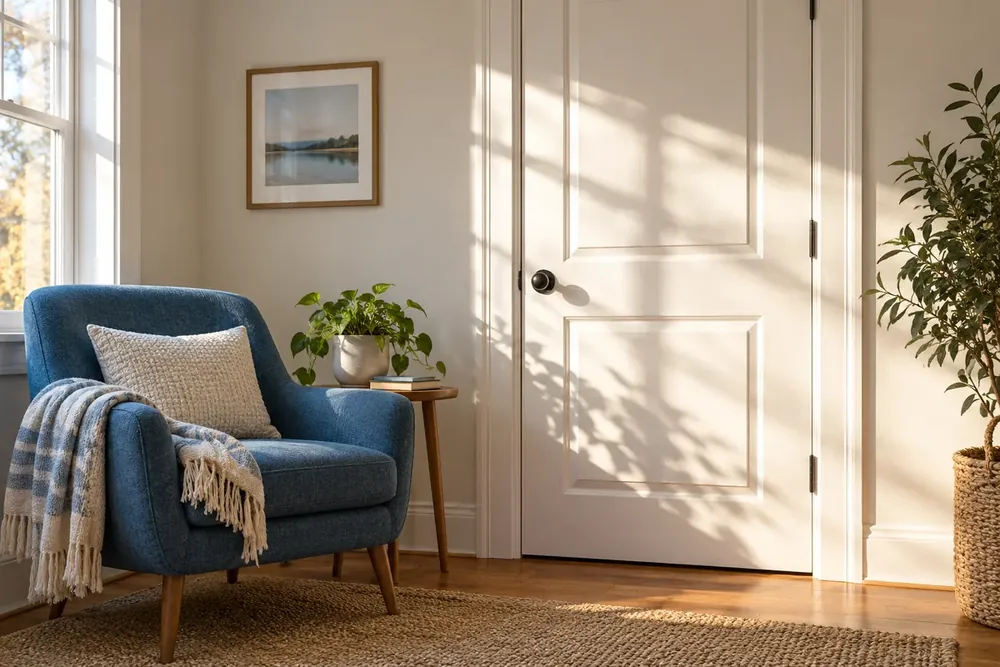A blue armchair beside a closed white door in afternoon light.