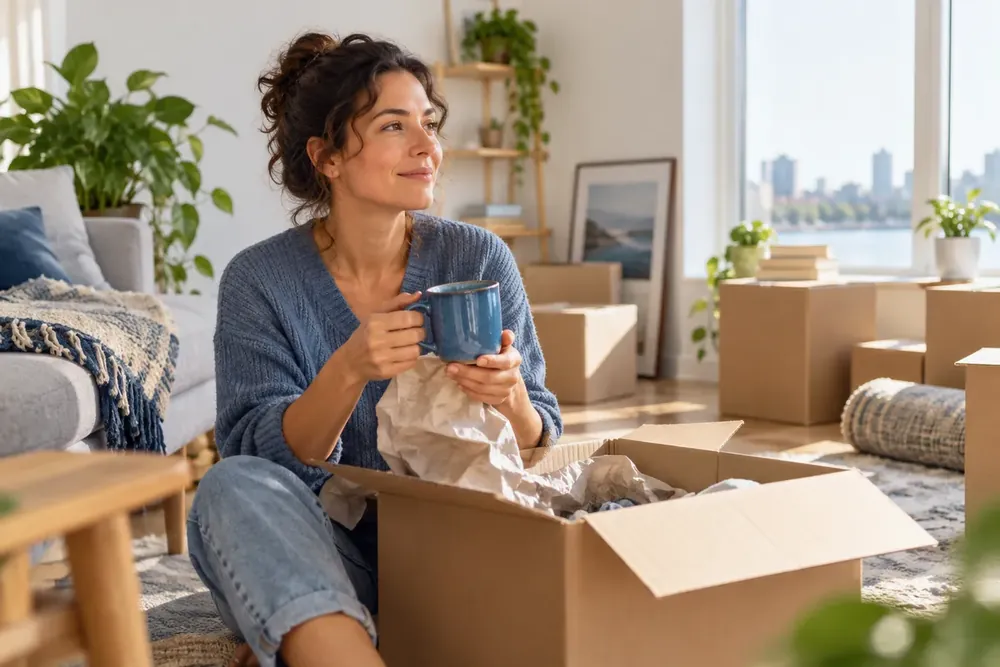 An adult holding a blue cup among unpacked boxes.