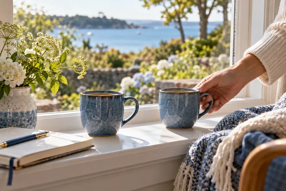 A hand placing a blue mug beside another mug on a windowsill.