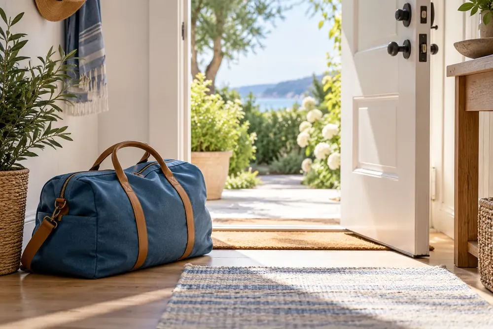 A blue travel bag beside an open sunny doorway.