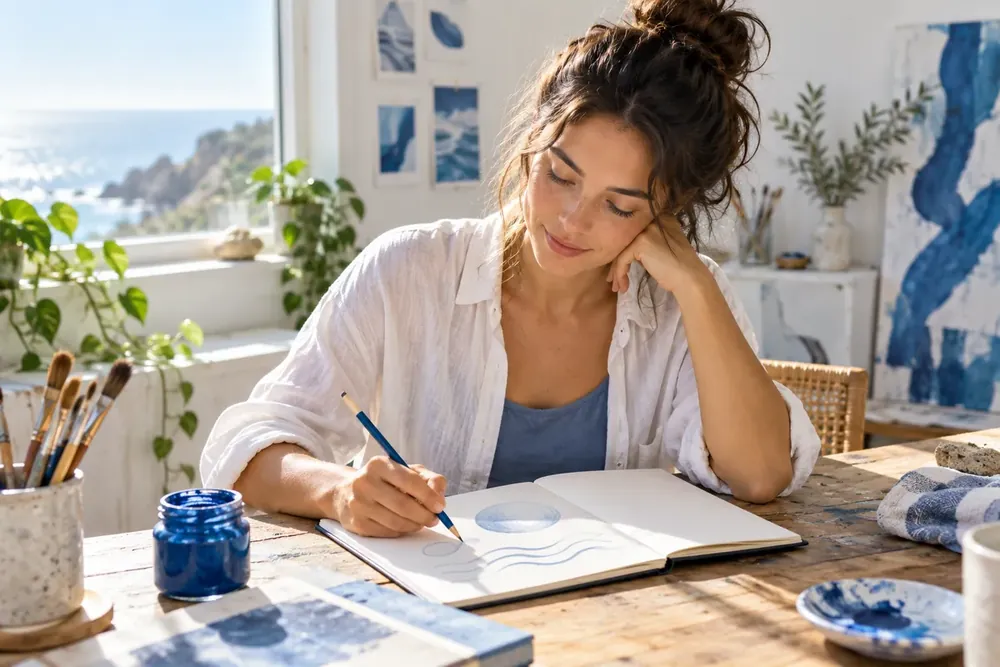 An adult sketching in a notebook at a sunny table.